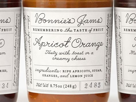 bonnie's jams label redesign by louise fili Preserves Packaging, Louise Fili, Jam Packaging, Jam Label, Handwriting Samples, Font Vintage, Diy Soaps, Eco Packaging, Vintage Font