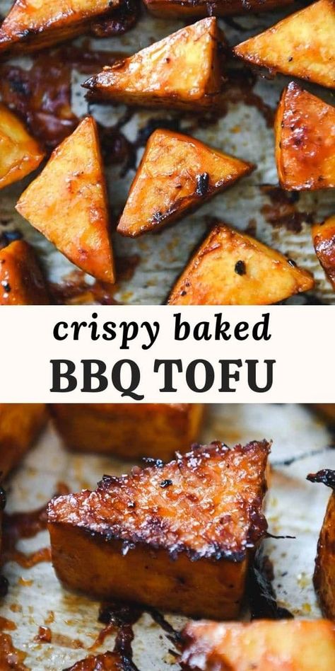 Crispy-baked BBQ tofu is the perfect plant-based protein addition to weeknight meals. It comes together in just over 30 minutes using just 5 simple ingredients, and the tofu doesn't even have to be pressed! Tofu Recipes Appetizers, Baked Bbq Tofu, Recipes With Extra Firm Tofu, Crispy Bbq Tofu, Blackstone Tofu Recipes, Blackstone Tofu, Air Fryer Bbq Tofu, Quick Tofu Dinner, Baked Tofu Marinade