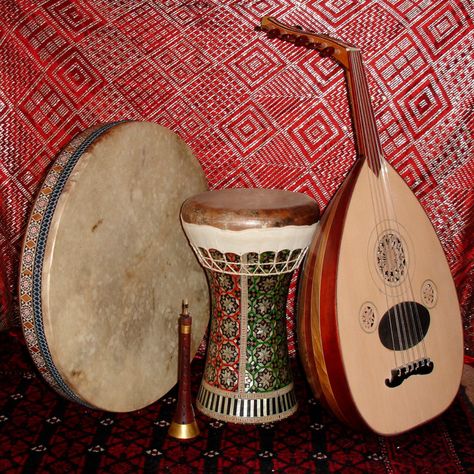 HilarysBazaar on Etsy - Vintage red assiut with Middle Eastern instruments. Ancient Middle East Aesthetic, Arabic Instruments, Middle East Aesthetic, Middle Eastern Aesthetic, Persian Aesthetic, Arab Core, Middle Eastern Countries, Middle East Culture, Jazz Instruments