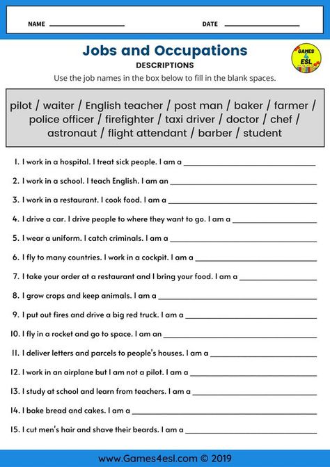 This is a great worksheet for English lessons about jobs and occupations. This worksheet has 15 job descriptions. Students should read the job description and write the correct job/occupation in the blank space. Esl Jobs And Occupations, Job Description Worksheet, Write About Yourself Worksheet, Jobs Worksheets For Kids, English For Kids Worksheets, English For Beginners Worksheets, Occupation Worksheet, Job Worksheet, English Lessons For Beginners