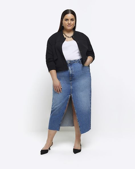 Plus collection. Denim fabric. Split hem. Belt loops. Classic 5 pockets. Button and zip fastening. Midi length. Cotton for this product has been responsibly sourced. Plus Size Guide Midi Outfit, Mum Style, Midi Outfits, Blue Maxi Skirt, Mum Fashion, Plus Size Denim, Denim Maxi, Denim Maxi Skirt, Denim Midi Skirt