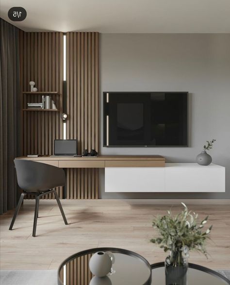 Tv Mounted On Wood Slat Wall, Tv With Fireplace Underneath Modern, Desk In Living Room Ideas Modern, Modern Organic Tv Wall, Tv Wall Design Small Space Living Room, Living Room Ideas Apartment Modern, Enterier Ideas, Contemporary Tv Unit Design, Tv Shelf