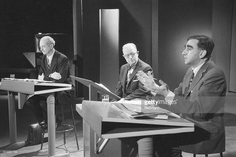 Edward Teller (R) and Dr. Linus Pauling (L), the most outspoken advocates for and against the testing of nuclear weapons, meet in a face to face argument for the first time. In the center is James Day, General Manager of KQED-TV, on which the debate took place. Edward Teller, Linus Pauling, General Manager, Face To Face, A Face, Pretty People, First Time, The First, Resolution