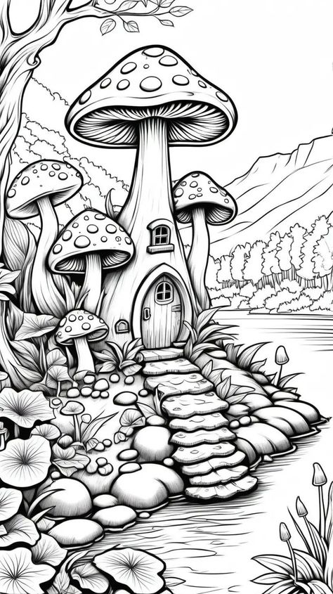 Mushroom house Coloring Page, Fantasy, Kids Coloring Page, Free Printable Pics To Color For Adults, Fantasy Colouring Pages, Coloring Pages For Adults Unique, People Coloring Pages, House Colouring Pages, Coloring Page Free Printable, Kid Coloring Page, Coloring Pages Inspirational, Detailed Coloring Pages
