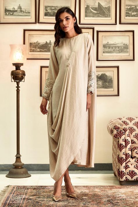 Buy Twinkle Hanspal White Silk Dress Saree Online | Aza Fashions Cowl Dresses, Saree White, Round Dress, Dress Saree, Draped Saree, Blouse Fits, White Silk Dress, Cowl Dress, Sarees Silk