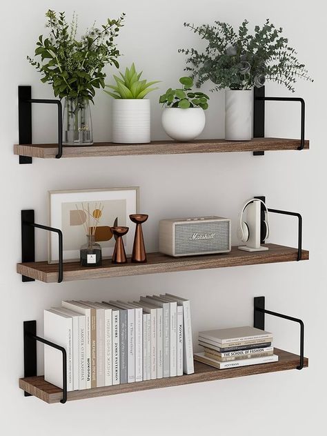 Amazon.com: EALLRINEC Floating Shelves, 24 Inches Easy to Install Wall Mounted Shelves, Wall Shelves Set of 3, Rustic Wood Shelves for Wall Décor, Storage Shelves for Living Room (Brown) : Home & Kitchen Rustic Wood Shelves, Black Wall Shelves, Kitchen Floating Shelves, Long Floating Shelves, Shelves For Living Room, Wall Mounted Bookshelves, Shelves For Wall, Charming Cottage, Wooden Wall Shelves