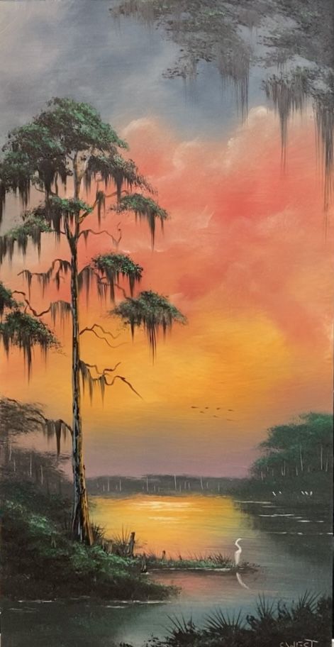 Florida Swamp Art, Florida Paintings Canvas, Louisiana Watercolor Art, Florida Acrylic Painting, Scenic Art Painting, Louisiana Swamp Paintings, Swamp Acrylic Painting, Louisiana Drawings, Louisiana Paintings Ideas