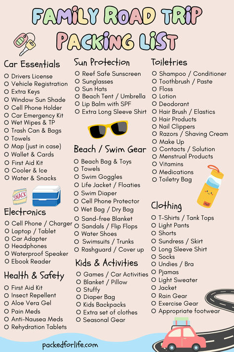 A family road trip packing list with car essentials, health and safety, toiletries, beach / swim gear, kids and activities and clothing checklists. 1 Week Road Trip Packing Lists, Pack For Vacation Checklist, Fun Things To Pack For A Road Trip, Long Car Ride Packing List, Long Car Drive Essentials, Car Trip Packing List, What To Bring For A Road Trip, Road Trip Family Aesthetic, Camping Road Trip Packing Lists