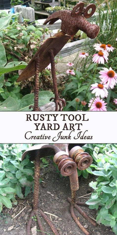 This yard art made from old tools shows many ways to turn rusty old tools into art. Look for hammers, shovels, wrenches, and hardware including metal washers, crowbars, rakes, and more. Rusty Yard Art, Yard Art From Farm Equipment, Sheet Metal Yard Art, Metal Lawn Art, Old Shovels Ideas Yard Art, Diy Metal Yard Art, Upcycle Tools, Garden Tool Art, Scrap Metal Yard Art