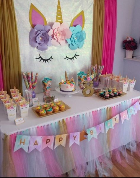 Unicorn party, dessert table, Unicorn backdrop, pastel rainbow, unicorn cake table. Unicorn Birthday Photo Booth, Unicorn Birthday Setup, Simple Unicorn Decorations, 1st Birthday Party Ideas Unicorn, Unicorn 2nd Birthday Party Ideas, Unicorn And Donuts Birthday Party, Three Year Old Unicorn Birthday, Free Printable Unicorn Party Decorations, Unicorn Birthday Theme Ideas