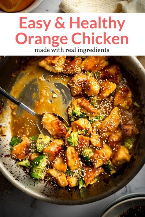 Make this easy, at-home orange chicken in less than 25 minutes! This healthier option is baked, not fried, and made with the most delicious, sticky orange stir fry sauce. #dinner #kidfriendly #quickandeasy #stirfry Orange Ginger Chicken Stir Fry, Orange Chicken Vegetable Stir Fry, Ww Orange Chicken, Orange Chicken Stir Fry With Vegetables, Orange Stir Fry Sauce, Weight Watchers Orange Chicken, Orange Chicken Stir Fry Recipe, Low Calorie Orange Chicken, Orange Stir Fry