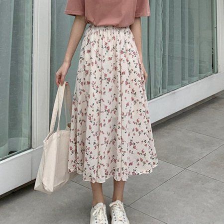 Floral Long Skirt, Floral Chiffon Skirt, Elegant Fashion Outfits, Long Floral Skirt, Empire Silhouette, Apricot Color, Long Skirt Summer, Cute Modest Outfits, Floral Pleated Skirt