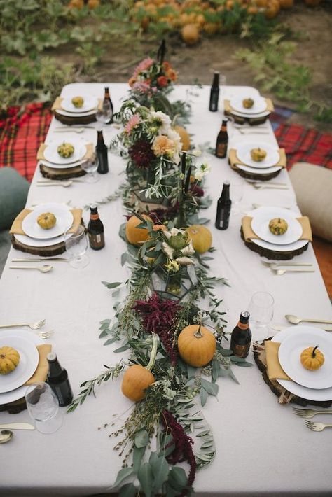 Autumn fall table settings, pumpkin patch from @bridalmusings Natal, Outdoor Fall Wedding Reception, Halloween Wedding Decorations, Fall Wedding Tables, Thanksgiving Wedding, Fall Dinner Party, Autumn Wedding Reception, Pumpkin Wedding, Fall Table Settings