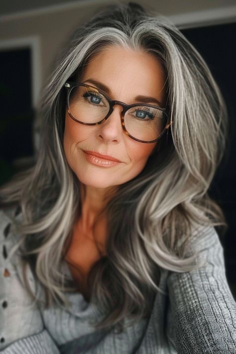 Woman with long gray hair and glasses smiling at the camera. Selfie Props, Long Hair Older Women, Grey Hair And Glasses, Hair And Glasses, Long Hairstyles For Women, Grey Hair Transformation, Grey Hair Inspiration, Hair Styles For Women Over 50, Beautiful Gray Hair