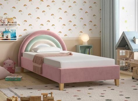 Single Bed Design For Girls Room, Single Bed For Girls Room, Rainbow Bed Frame, Upholstered Kids Bed, Kids Bed Headboard Design, Headboard Cushion Design, Modern Kid Bedroom, Single Beds For Kids, Pastel Rainbow Room