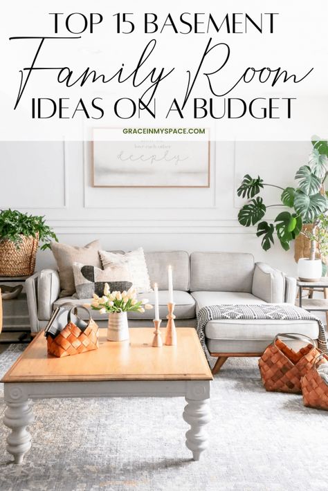 Do you want to create a cozy basement family room? Here are 15 basement family room ideas on a budget! Plus, I styled my curated collection for you. #basementfamilyroom #familyroomdecor #basement #basementideas #familyroomideas #budgetbasementmakeover Basement Family Room Inspiration, Basement Narrow Layout, Small Living Room Basement, Basement Family Room Ideas Cozy Living Interior Design, Make Basement Cozy, Basement Decor Ideas Cozy Living, Basement Den Decorating Ideas, Decorating A Basement Family Room, Basement Cozy Family Room