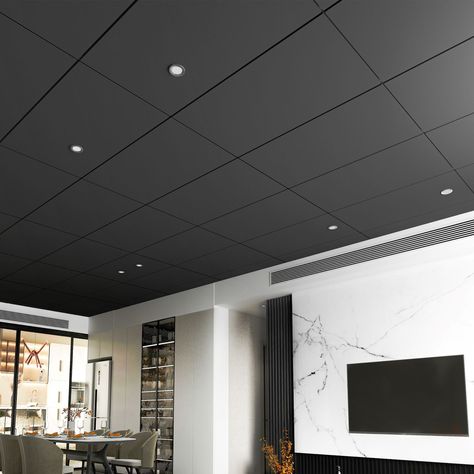 Basement Ceiling Makeover, Hanging Lights From Drop Ceiling, Commercial Drop Ceiling Ideas, Office Ceiling Tiles Makeover, Drop Ceiling With Recessed Lighting, Studio Ceiling Ideas, Black Ceiling Panels, T Bar Ceiling Ideas, Black Suspended Ceiling