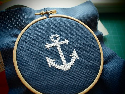 Anchor Cross Stitch by Aleximo, via Flickr Anchor Cross Stitch, Anchor Cross, Framed Cross Stitch, Yarn Thread, Crochet Cross, Free Cross Stitch, Embroidery Inspiration, Cross Stitch Kits, Hoop Art