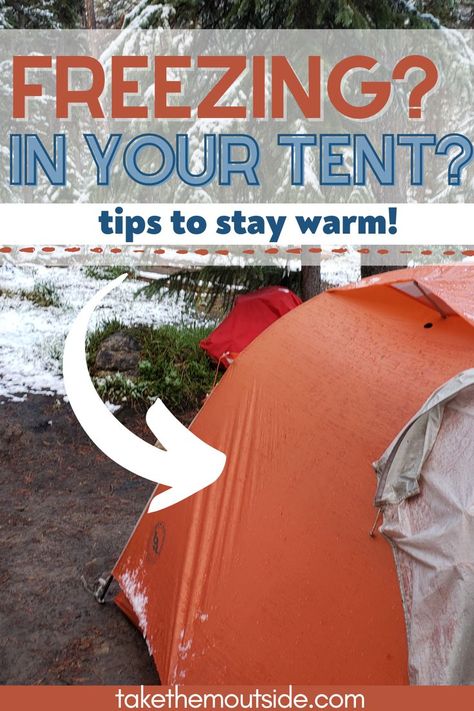 an orange tent in a snowy forest Raining Camping Hacks, Camping Winter Hacks, Homeless Camping Hacks, Fall Tent Camping, Cozy Camping Tent Set Up, Simple Tent Camping, Cold Camping Hacks, Camping In Cold Weather Tips, Winter Camping Essentials