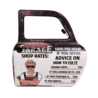 Add some character to your garage with this vintage style "Full Service Garage" sign. | Trinx Full Service Garage Car Door Sign black/Brown/gray 18.0 x 16.5 x 1.5 in, Metal | Home Decor | C010546380 | Wayfair Canada Dream Garage Man Cave, Car Parts Decor, Garage Car, Old Garage, Sign Painting, Garage Signs, Garage Art, Man Cave Garage, Accent Wall Decor