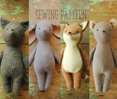 Simple soft toy tutorials (digital) with templates for making vintage style sewn plushies / softies for children or babies, designed by Margeaux Davis of Willowynn. Free sewing pattern for embroidered Christmas ornaments. Learn to sew; fox, bear, bunny rabbit, wolf, moth, butterfly, whale, platypus. Woodland, storybook, nature, forest creatures, fairytale... Syprosjekter For Nybegynnere, Bear And Wolf, Wolf Stuffed Animal, Embroidered Christmas Ornaments, Diy Bebe, Sewing Stuffed Animals, Doll Sewing, Beginner Sewing Projects Easy, Doll Sewing Patterns