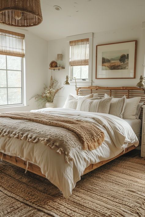 70+ Cozy Earthy Bedroom Ideas With Natural Elegance Bedroom Decor Natural Earthy, Organic Modern Bedding, Boho Bedroom Furniture Ideas, Boho Guest Bedroom Ideas, Natural Home Aesthetic, Cozy Mid Century Modern Bedroom, Master Bedrooms Cozy, Natural Modern Bedroom, Simple Boho Bedroom