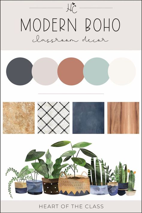 Modern Boho Classroom Decor color palette with tile, wood, and houseplants Rustic Boho Office Decor, Organisation, Modern Calm Classroom Decor, Calm Colors Bulletin Board Ideas, Classroom Theme Neutral, Muted Colors Classroom, Natural Color Classroom Decor, Wood Classroom Theme, White Board Schedule Ideas Classroom