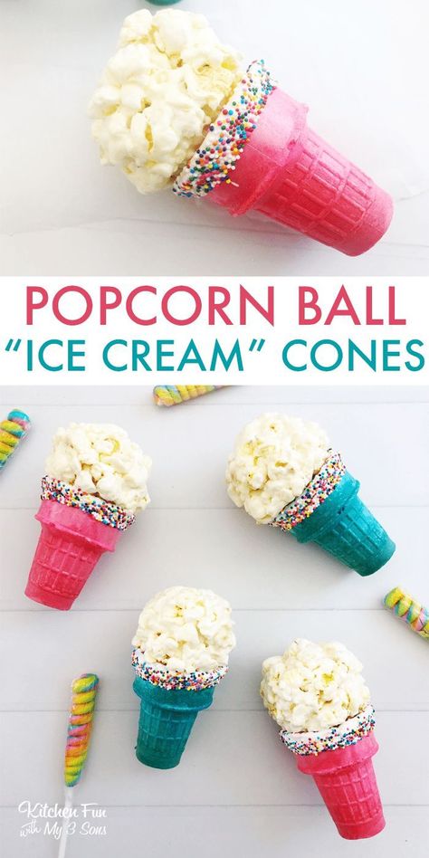 Birthday Party Treats For Kids, Birthday Party Recipes, Popcorn Ball, Kids Party Snacks, Popcorn Treat, Birthday Snacks, Popcorn Balls, Popcorn Snacks, Ice Cream Birthday Party