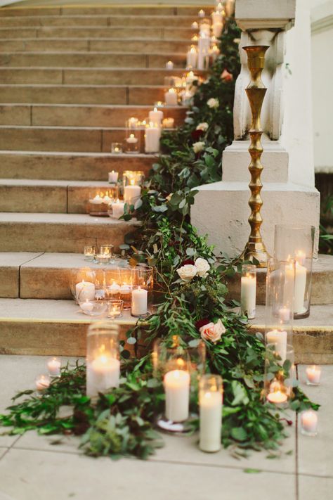 Garland and Candles on Stairs | photography by http://www.damarismia.com Wedding Cake Designs, Rustic Wedding Decorations, Wedding Reception Ideas, Greenery Wedding Decor, Budget Friendly Wedding, Winter Wedding Flowers, Wedding Aisle, Wedding Guide, Pretty Wedding