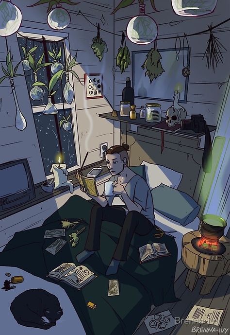 Modern Male Witch, Witch Aesthetic Bedroom, Witch Bedroom, Witch Bedrooms, Witch Wallpaper, Male Witch, Witch Drawing, Witch Room, Witch Design