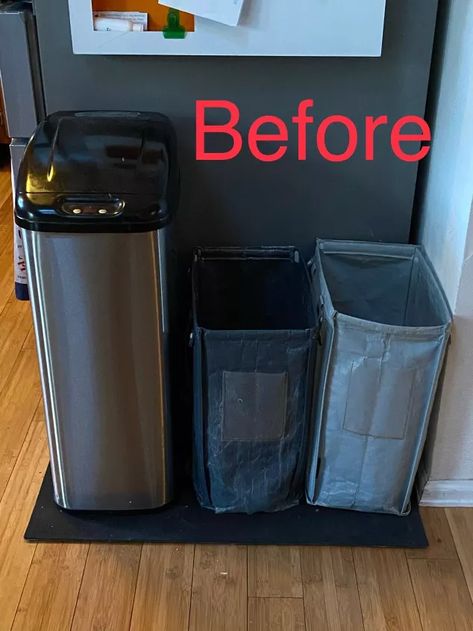 Recycling Storage & Extra Counter Space Upcycle | Hometalk Trash And Recycling Cabinet, Ikea Recycling, Extra Counter Space, Recycling Bin Storage, Recycling Bags, Garbage Can Storage, Recycling Storage, Cabinet Legs, Trash Can Cabinet