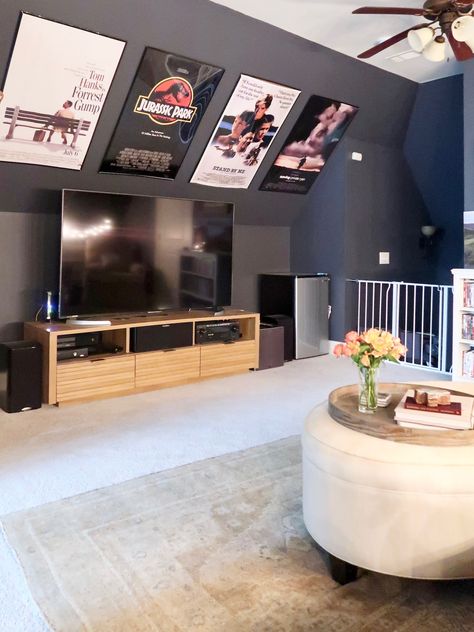 Upstairs Landing Game Room Ideas, Movie Room Attic Ideas, Guest Room And Game Room Combo, Entertainment Room Color Ideas, Game And Media Room Ideas, Game Movie Room Ideas, Upstairs Man Cave Ideas, Bonus Room Media Room Ideas, Bonus Room Man Cave Ideas