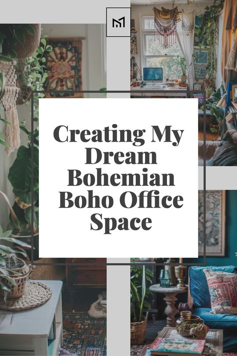 Craft your dream office with Boho Office Bliss, where dreamy design meets bohemian charm. Infuse your workspace with eclectic elements, vibrant textiles, and lush plants for a truly inspirational setting. It's a sanctuary where creativity flows, surrounded by unique and personalized decor that reflects your free-spirited style. Boho Work Office Decor, Boho Office Decor At Work, Modern Bohemian Office, Bohemian Office Space, Boho Office Space, Boho Workspace, Boho Office Space Workspaces, Boho Office Room, Bohemian Office Decor