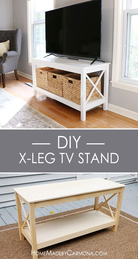 Learn how to build this stylish x-leg TV Stand, and impress your guests with furniture that looks like it was purchased from a store! Diy Furniture Ikea, Diy Furniture Tv Stand, Farmhouse Tv, Diy Entertainment, Farmhouse Tv Stand, Diy Tv Stand, Wallpaper Cantik, Tv Stand With Storage, Casa Diy