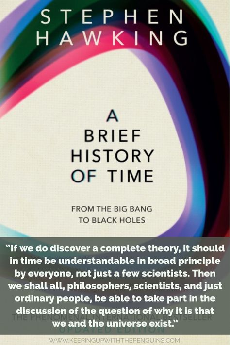 The first edition of A Brief History of Time was published on April Fool’s Day in 1988. It’s kind of hard-science-for-the-everyman – it covers cosmology (the study of the universe) from all angles, including the structure, origin, and development of the universe, and how it’s all going to end up... #science #books #amreading #bookquote #stephenhawking #abriefhistoryoftime #physics #space #blackholes #cosmology A Brief History Of Time Book, A Brief History Of Time, Brief History Of Time, English Business, Popular Science Books, Best Books List, Physics Books, History Of Time, Mathematical Equations