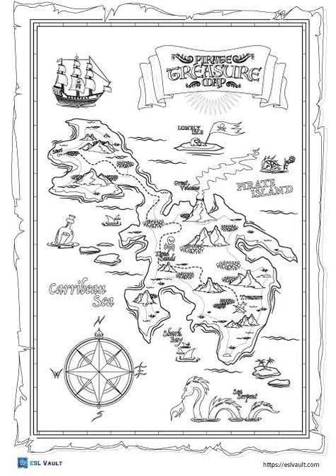 Printable Treasure Map, Treasure Map Drawing, Maps Drawing, Map Coloring Pages, Treasure Maps For Kids, Pirate Ideas, 26 Birthday, Map Game, Cartoon Map