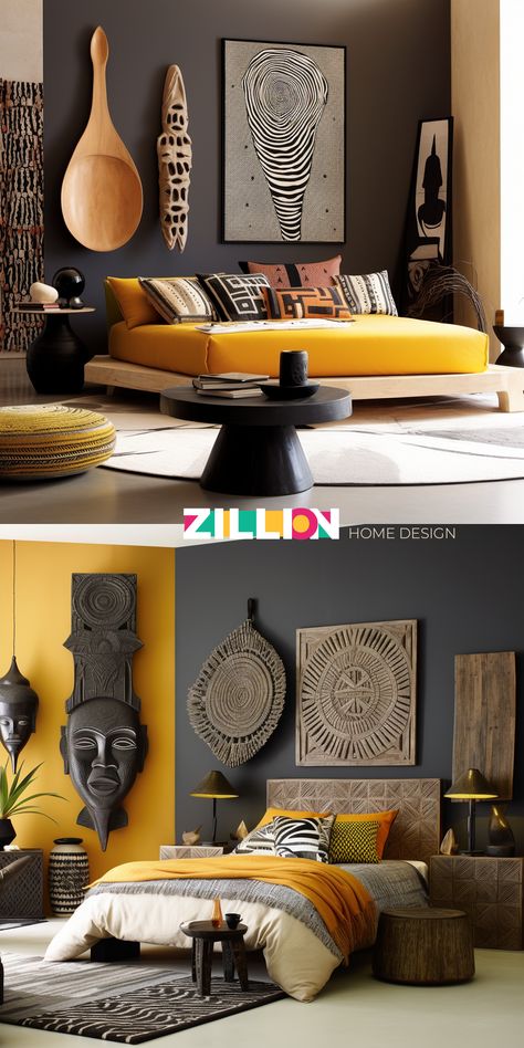 African American Living Room Decor, African Style Bedroom Ideas, African Aesthetic Decor, Afrocentric Bathroom Decor, Afro Carribean Interior Design, Mid Century African Living Rooms, Modern Afro Bohemian Style Decor, African Inspired Bedroom Ideas, Modern African House Design