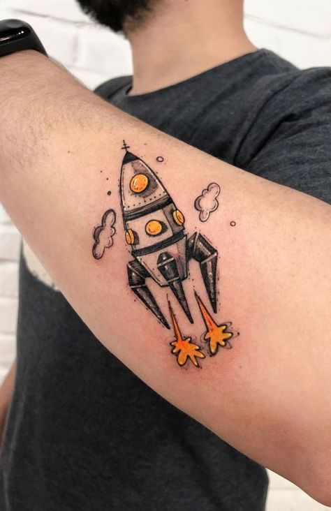 Rocket Ship Tattoo, Tatuaje Harley Quinn, Spaceship Tattoo, Cosmic Tattoo, Rocket Tattoo, Pola Tato, Pop Art Tattoos, Astronaut Tattoo, Sticker Tattoo