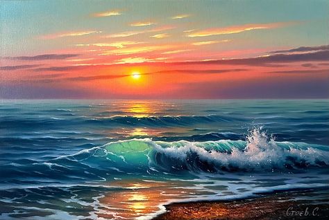 Original artist seascape with amazing waves at sunrise. Oil painting on natural canvas with wooden frame. Signed by the artist. Size 30x45 cm. In perfect condition. Good packaging. Tela, Nature, Sea Sunset Painting, Acrylic Mountains, Sunrise Oil Painting, Oil Painting Sunset, Sunsets And Sunrises, Beach Sunset Painting, Beach Landscapes