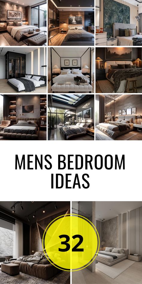 Explore 32 Mens Bedroom Ideas for Modern Masculine Style | Ultimate Guide - placeideal.com Simple Room Ideas For Men, Bedroom Men Ideas, Men Bedroom Decor Ideas, Men Bedroom Decor, Mens Bedroom Ideas, Masculine Interiors, Men's Bedroom Design, Male Bedroom Ideas, Minimalist Bedroom Men