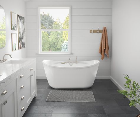 Suna 58 x 32 AcrylX Freestanding Center Drain Bathtub in White with White Skirt | Bath, Maax en Small Cottage Bathrooms, Standing Bathtub, Large Tub, Cottage Bathroom, Soaking Bathtubs, Small Cottage, Bathroom Renos, Home Depot Canada, Free Standing Bath Tub