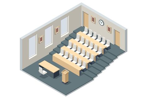 Isometric lecture hall, lecture audience. An empty large lecture room or University classroom with chairs isolated on white Lecture Hall Plan, Lecture Room Design, Lecture Hall Design, Innovative School Design, Classroom Floor Plan, University Classroom, Transformation Church, University Plan, Lecture Room