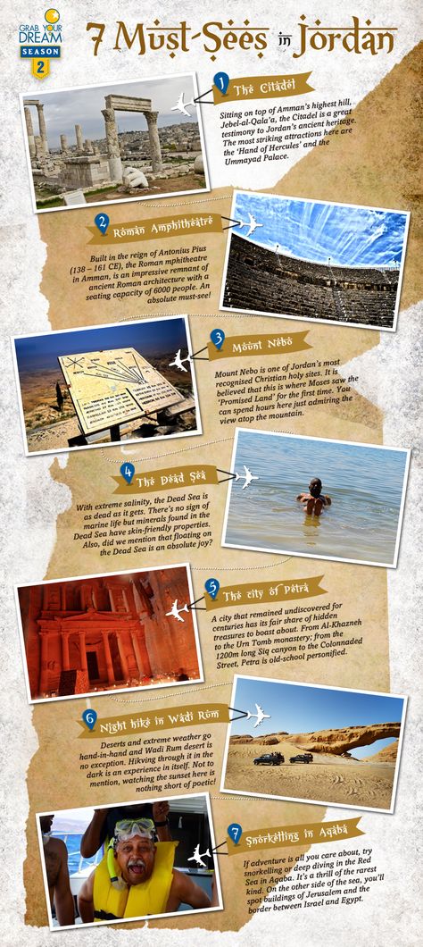 Looking to plan a vacation in Jordan? Look no further, GYD Season 2 winner, Arvind Passey suggests 7 must-sees in #Jordan you shouldn't miss for a fun-filled holiday. #Travel #Tourism #Infographic #Infographics #TravelInfographics #Wanderlust #MiddleEast Nature, Tourism Infographic, Jordan Tourism, Plan A Vacation, Jordan 2, Travel Spots, Travel Tourism, Travel Info, Holiday Travel