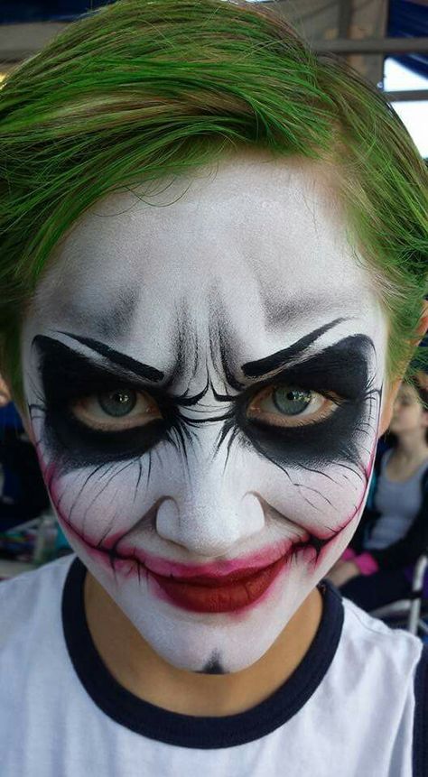 Mark Reid joker Face Painting Design Joker Face Paint Kids, The Joker Face Paint, Joker Face Makeup, Diy Joker Costume, Pumpkin Makeup Ideas, Joker Make-up, Joker Face Paint, Halloween Pumpkin Makeup, Face Painting Halloween Kids