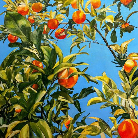 You knew that the tangerine tree is still a symbol of financial well-being in the East. Having this tree in the garden was considered a sign of belonging to the... Tangerine Tree, Winter Fruit, Orange Painting, Food Painting, Sky Background, Fruit Painting, Colorful Painting, A Sky, Botanical Painting