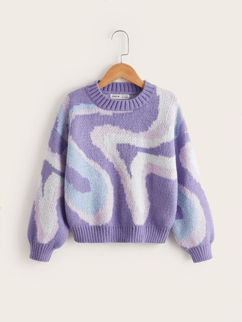 Lilac Purple Casual  Long Sleeve Polyester All Over Print Pullovers Embellished Slight Stretch Fall/Winter Girls Clothing Crochet Sweater Design, Trendy Cardigans, Shein Sweater, Purple Sweatshirt, Outfit Invierno, Baggy Clothes, Drop Shoulder Sweaters, Winter Girls, Crochet Cardigan Pattern