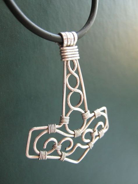 "Mjolnir" handmade pendant out of stering silver wire, my first original "his" pendant. Made this one for myself last summer, still wearing it. Wire Wrapped Viking Jewelry, Thors Hammer Wire Wrap, Viking Wire Jewelry, Viking Jewellery, Mjolnir Pendant, Copper Wire Art, Wire Wrap Jewelry Designs, Chainmail Jewelry, Wire Wrapped Jewelry Diy