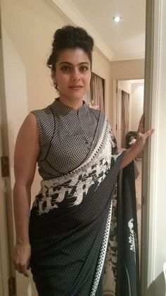 # Black Sarees  Check out Kajol in #saree Kajol Devgan, White Sari, Blouse Designs High Neck, Cotton Blouse Design, Blouse Designs Catalogue, Saree Blouse Neck Designs, Blouse Designs Indian, Sari Blouse Designs, Indian Saree Blouses Designs