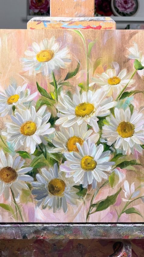 Tela, Daisy Painting Acrylic Easy, Paintings Of Daisies, Daisy Art Painting, White Daisy Painting, Daisy Flower Painting, Painted Daisies, Flower Mural, Bee Painting