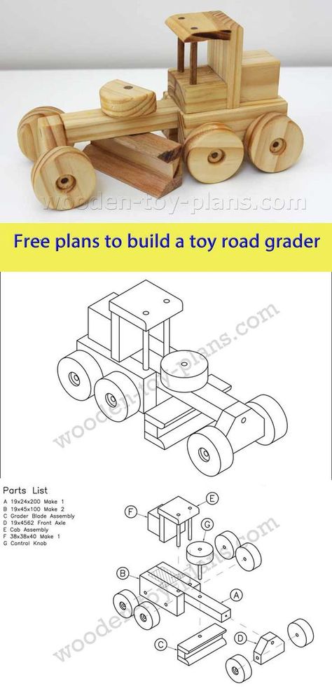 Download free printable plans to build this toy road grader. Plans include step by step instructions and photos. #woodtoy Wooden Toy Plans Free, Wooden Toy Trucks Plans Free, Wooden Toys Plans Free Download, Wooden Toys Plans Free, Diy Wooden Toys Plans, Diy Wooden Toys, Toy Road, Wooden Toys Diy, Wooden Toy Trucks